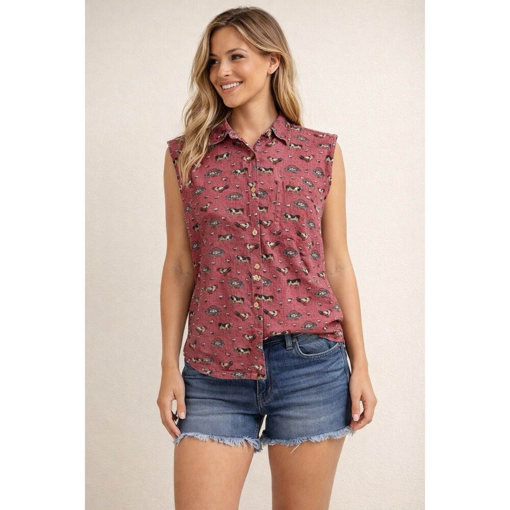 Country Chic Sleeveless Button Up Farm Print Vtg Cotton  Cows Chicken Red